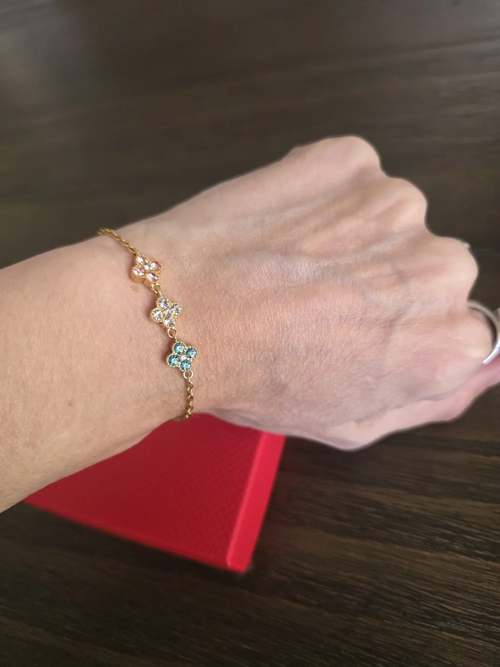 Gold Floral Bracelet with Pink, Clear and Blue Stones